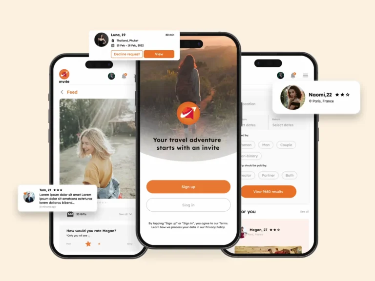 Invite App on three smartphones: home screen, feed and search filters for travel partners