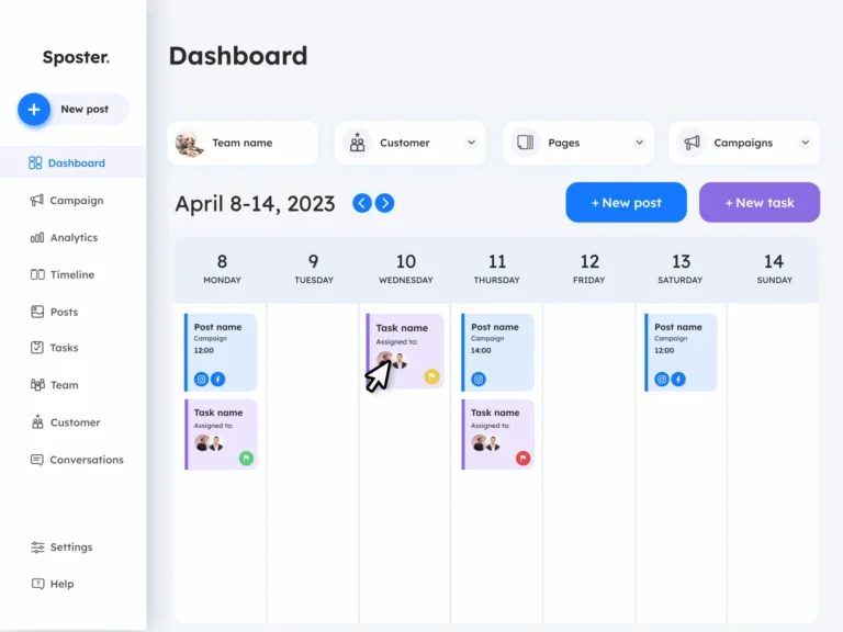 Sposter dashboard with a weekly calendar of scheduled posts and team tasks