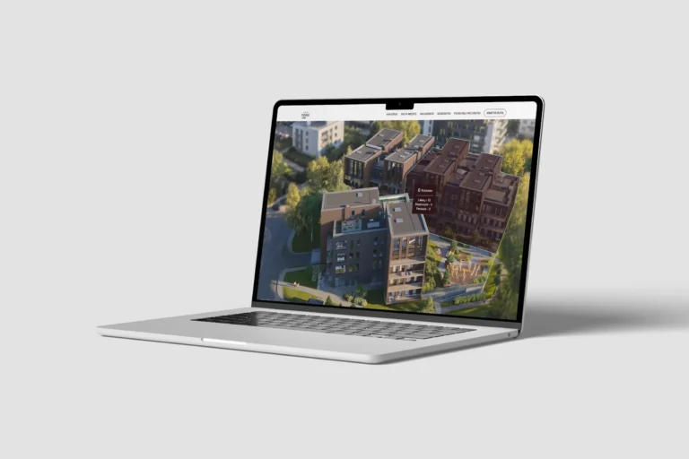 Laptop showing the Žvėryno personos website, an aerial photo of the residential buildings with building info overlaid